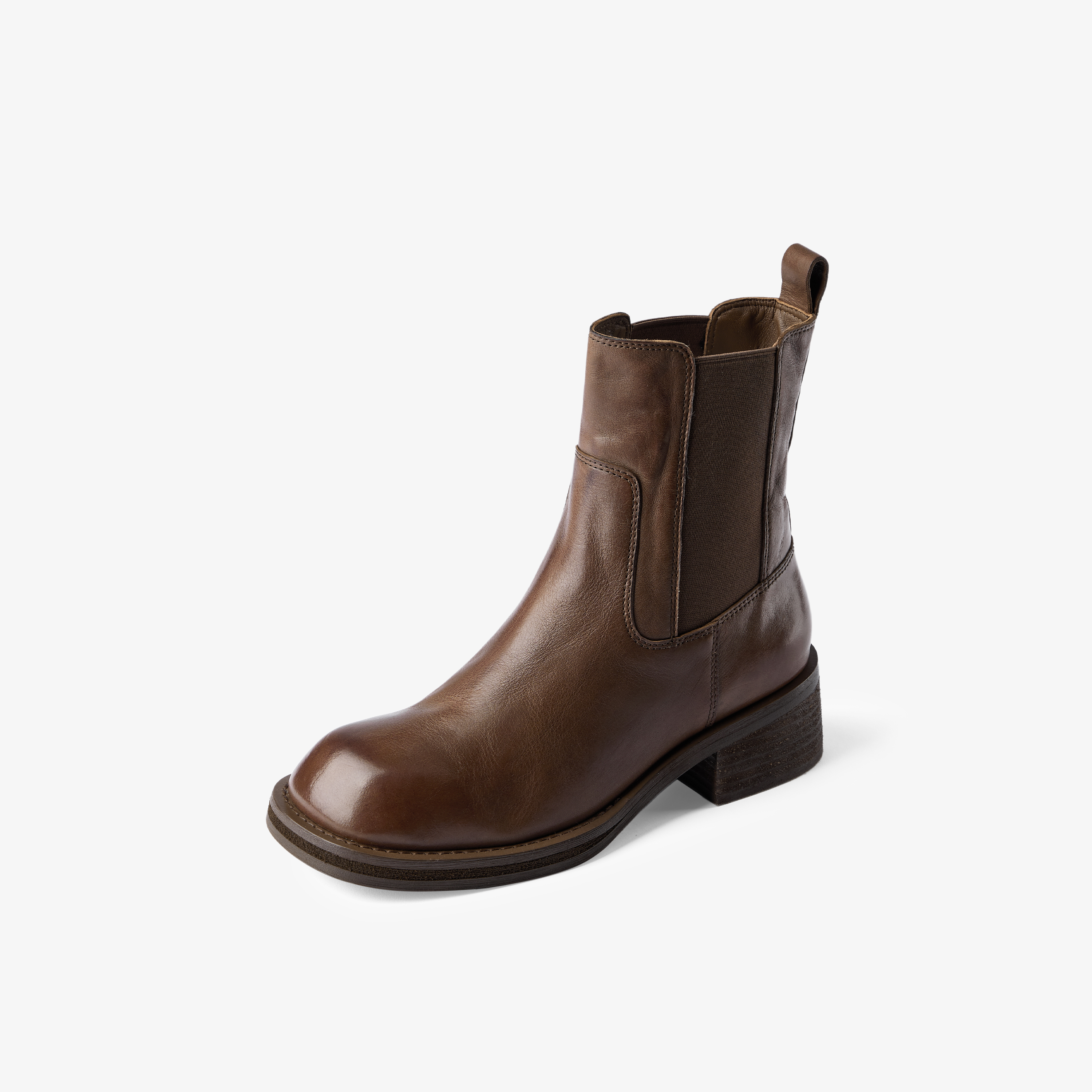 73hours女鞋熔岩可可2024冬季新品圆头方跟纯色短靴切尔西靴