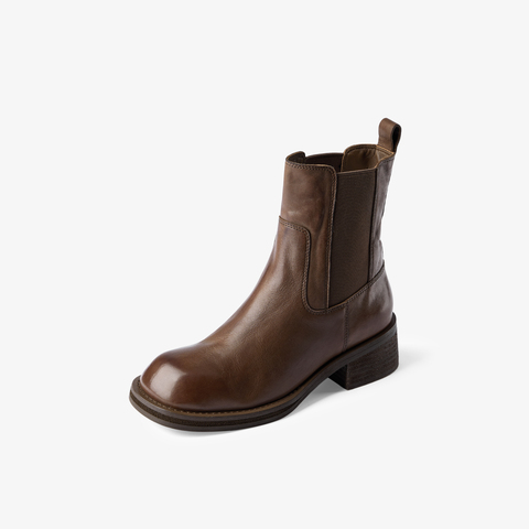 73hours女鞋熔岩可可2024冬季新品圆头方跟纯色短靴切尔西靴