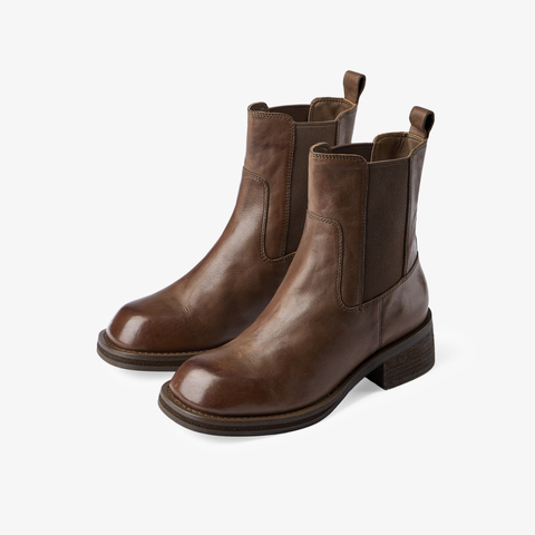 73hours女鞋熔岩可可2024冬季新品圆头方跟纯色短靴切尔西靴