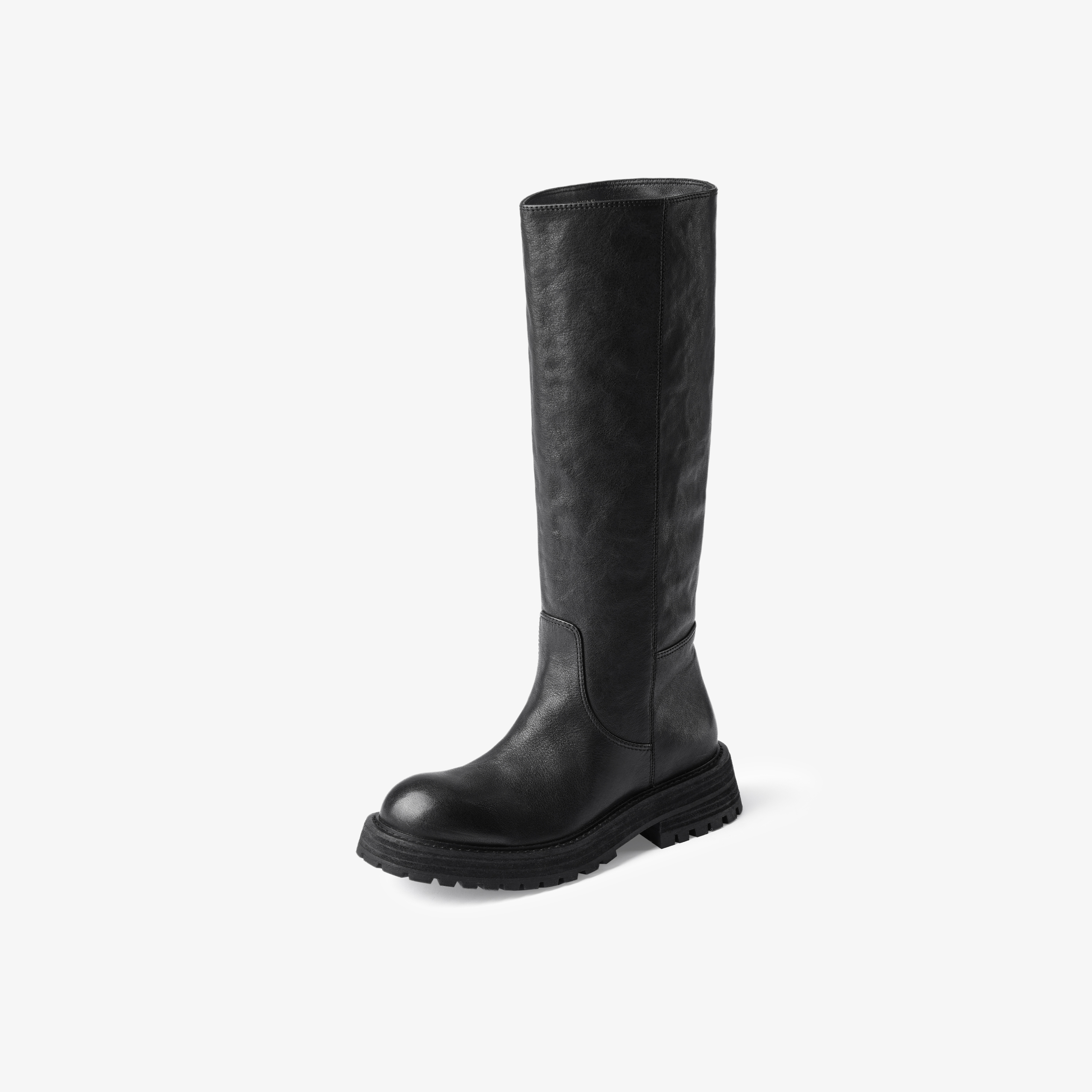 73hours女鞋胶片美拉德2024冬季新品纯色长筒圆头骑士靴