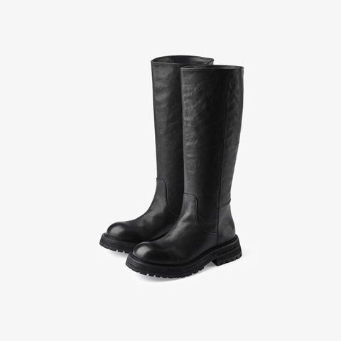 73hours女鞋胶片美拉德2024冬季新品纯色长筒圆头骑士靴
