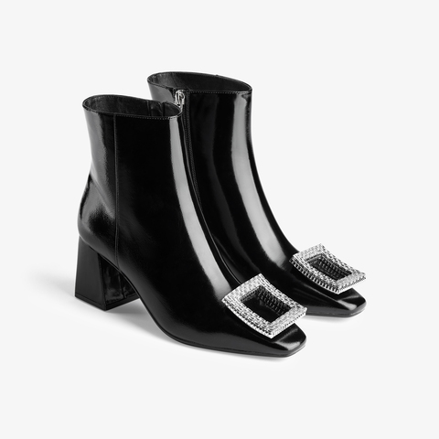 73hours女鞋钢琴诗人2024冬季新品方跟饰扣纯色方头时装靴