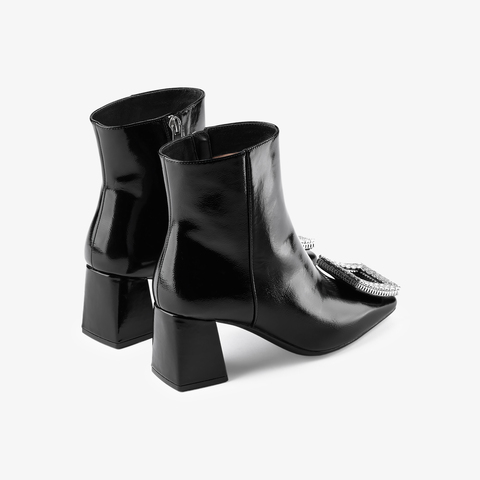 73hours女鞋钢琴诗人2024冬季新品方跟饰扣纯色方头时装靴