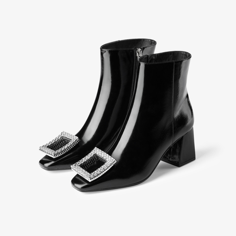 73hours女鞋钢琴诗人2024冬季新品方跟饰扣纯色方头时装靴