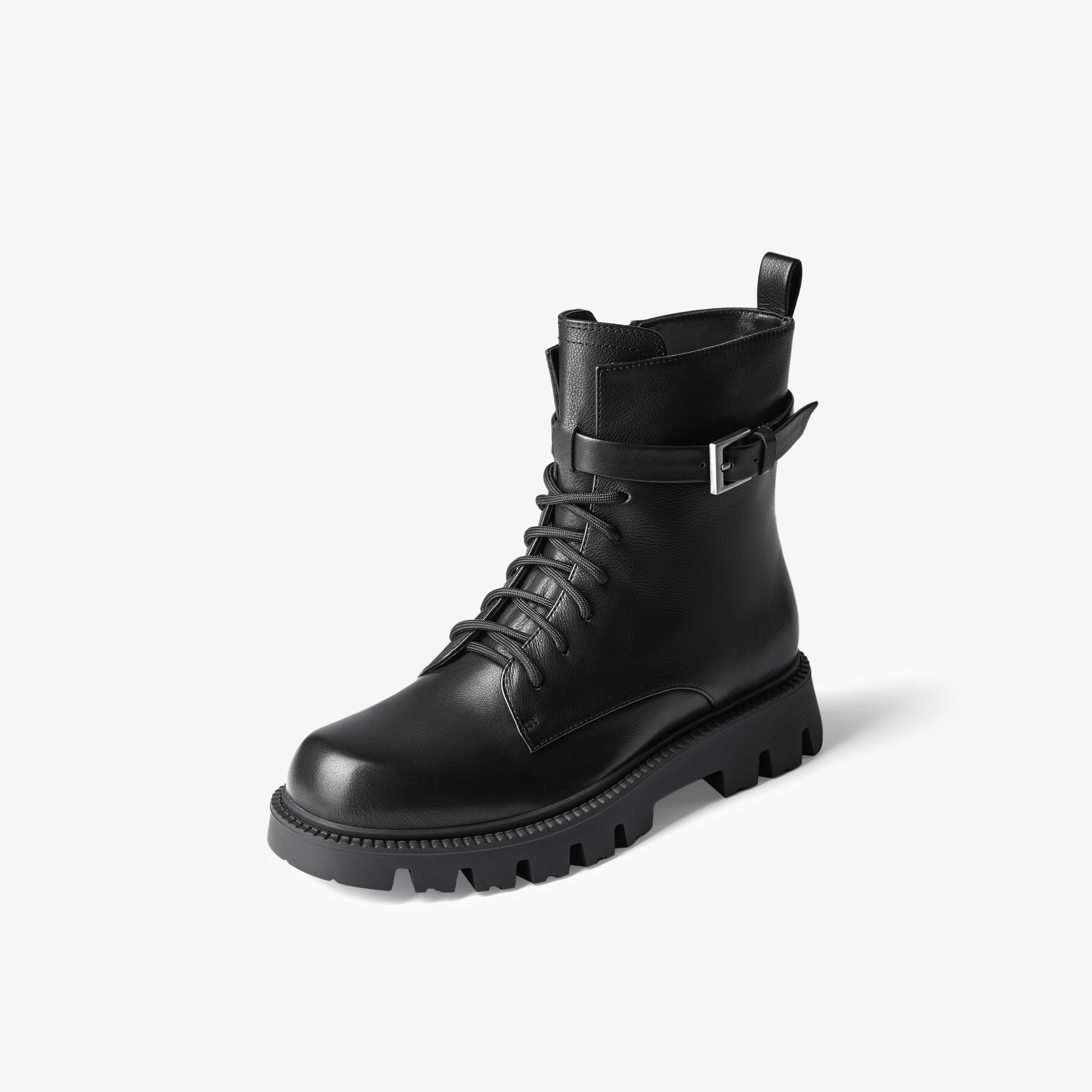 73hours女鞋海浪回声2024冬季新品系带平底纯色马丁靴