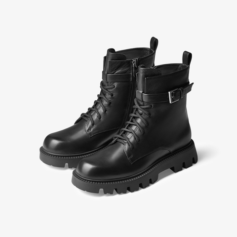 73hours女鞋海浪回声2024冬季新品系带平底纯色马丁靴