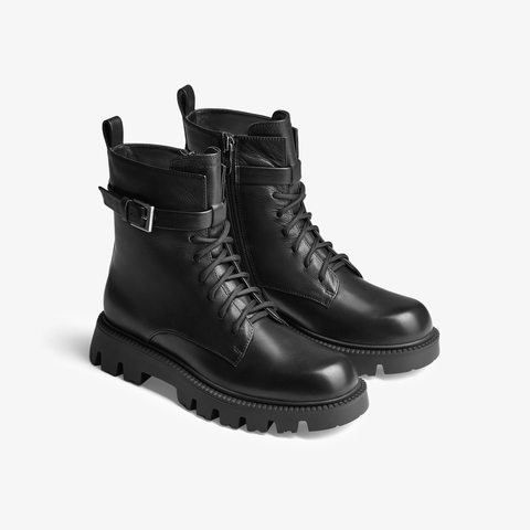 73hours女鞋海浪回声2024冬季新品系带平底纯色马丁靴