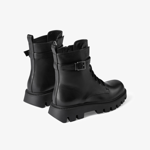 73hours女鞋海浪回声2024冬季新品系带平底纯色马丁靴