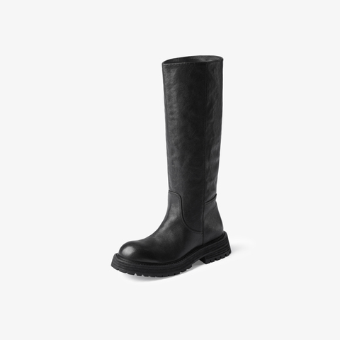 73hours女鞋胶片美拉德2024冬季新品纯色长筒圆头骑士靴