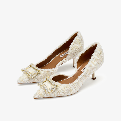 73hours女鞋尽兴优雅2025秋季新品细跟尖头纯色饰扣浅口单鞋