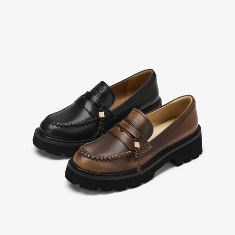 73hours女鞋黑松露2025秋季新品方跟纯色圆头乐福鞋