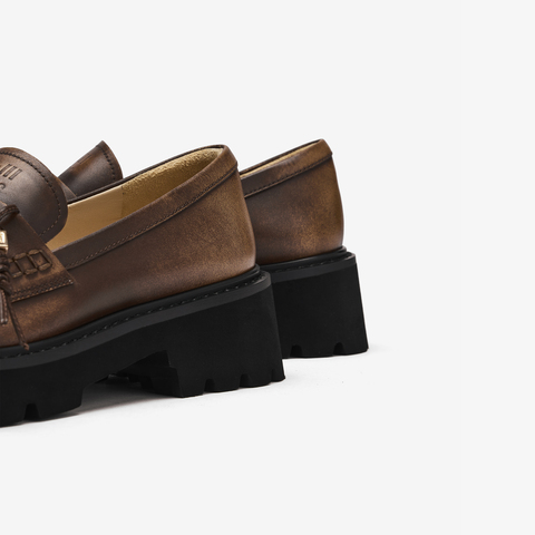 73hours女鞋黑松露2025秋季新品方跟纯色圆头乐福鞋