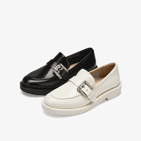 73hours女鞋唤醒阳光2025秋季新品圆头纯色方跟饰扣乐福鞋