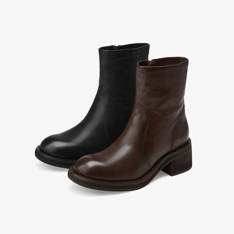 73hours女鞋电影画面2025冬季圆头纯色方跟切尔西靴