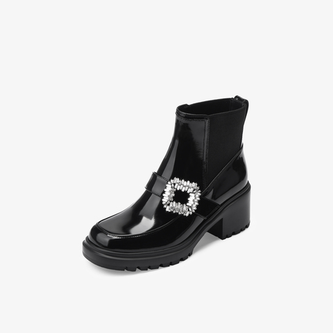 73hours女鞋怦怦跳2025冬季新品方跟饰扣圆头纯色切尔西靴