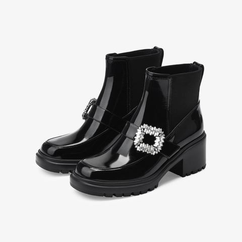 73hours女鞋怦怦跳2025冬季新品方跟饰扣圆头纯色切尔西靴