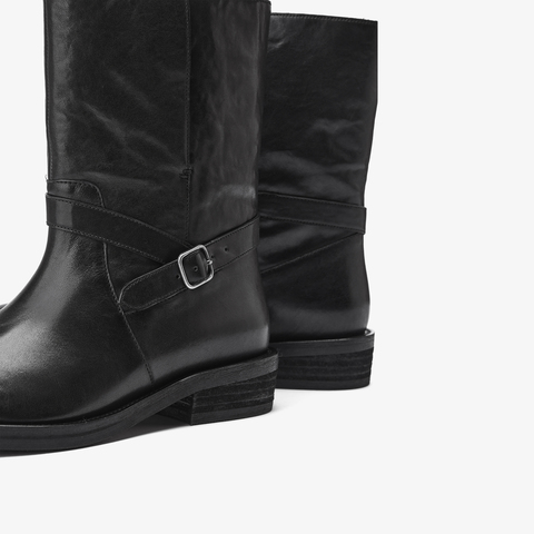 73hours女鞋公路旅行2025冬季新品平底纯色圆头西部靴