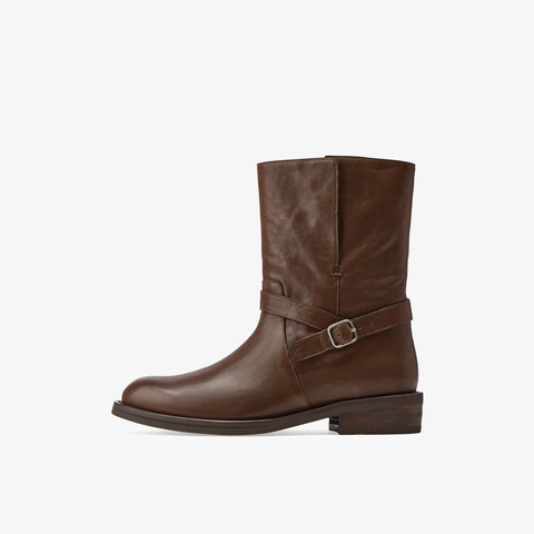 73hours女鞋公路旅行2025冬季新品平底纯色圆头西部靴