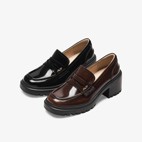 73hours女鞋落叶音效2025秋季新品方跟圆头纯色乐福鞋