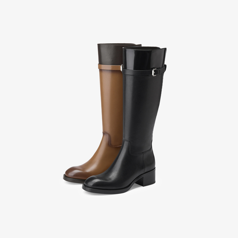 73hours女鞋马赛季节2025冬季新品平底圆头拼色骑士靴