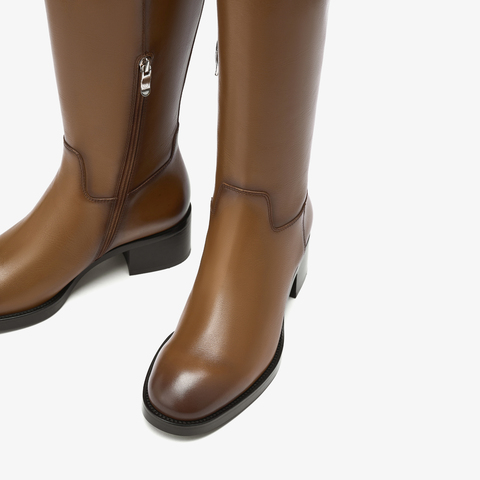 73hours女鞋马赛季节2025冬季新品平底圆头拼色骑士靴