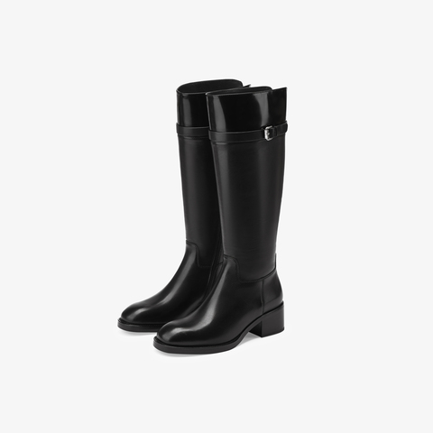 73hours女鞋马赛季节2025冬季新品平底圆头拼色骑士靴