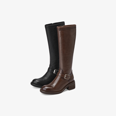 73hours女鞋关键帧2025冬季新品圆头纯色长筒骑士靴