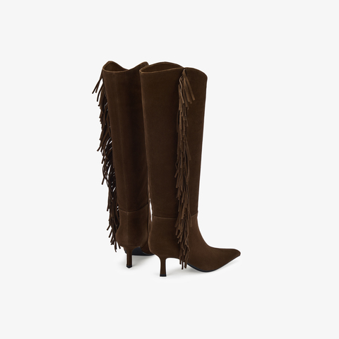 73hours女鞋热烈沙丘2025冬季新品流苏细跟尖头时装靴