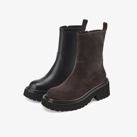 73hours女鞋自由轮廓2025冬季圆头纯色方跟弹力靴