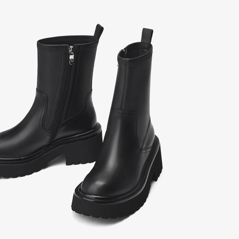 73hours女鞋自由轮廓2025冬季圆头纯色方跟弹力靴