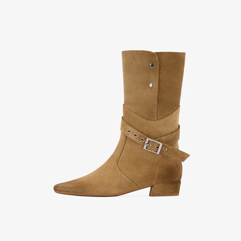 73hours女鞋牛仔假日2025冬季新品金属方跟纯色西部靴