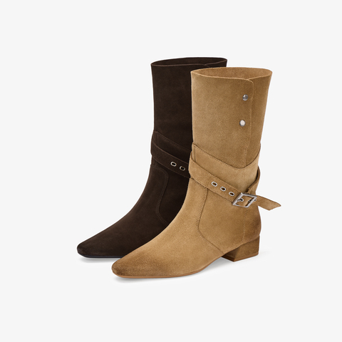 73hours女鞋牛仔假日2025冬季新品金属方跟纯色西部靴