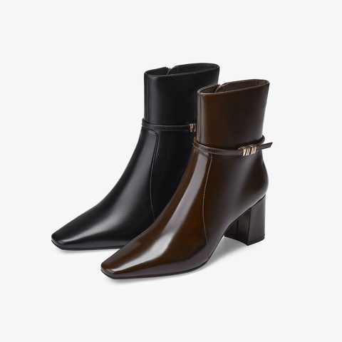 73hours女鞋比亚里茨2025冬季新品粗跟纯色饰扣时装靴