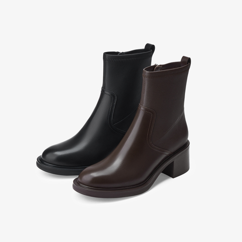 73hours女鞋逛地球2025冬季新品方跟圆头纯色弹力靴