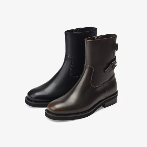 73hours女鞋嬉皮灵魂2025冬季新品圆头方跟纯色弹力靴