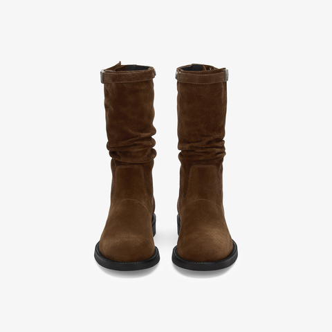 73hours女鞋游牧骑士2025冬季新品圆头纯色方跟西部靴