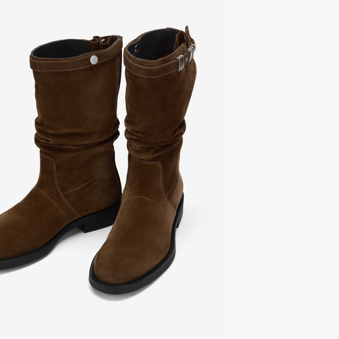 73hours女鞋游牧骑士2025冬季新品圆头纯色方跟西部靴