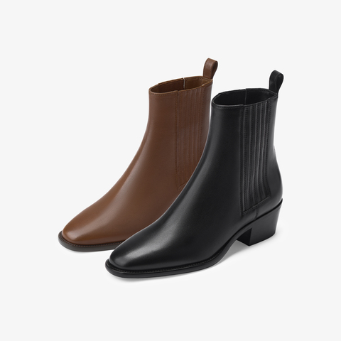 73hours女鞋复古手册2025冬季新品尖头方跟纯色时装靴