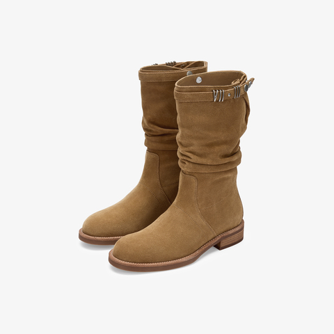 73hours女鞋游牧骑士2025冬季新品圆头纯色方跟西部靴