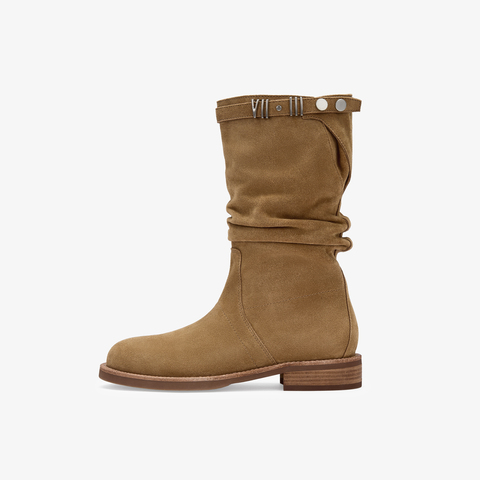 73hours女鞋游牧骑士2025冬季新品圆头纯色方跟西部靴