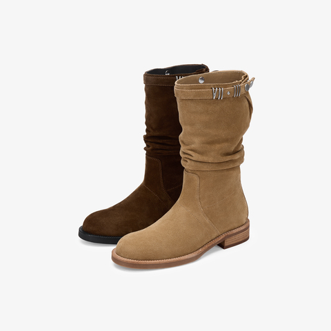 73hours女鞋游牧骑士2025冬季新品圆头纯色方跟西部靴