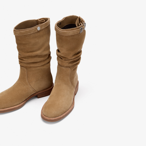 73hours女鞋游牧骑士2025冬季新品圆头纯色方跟西部靴