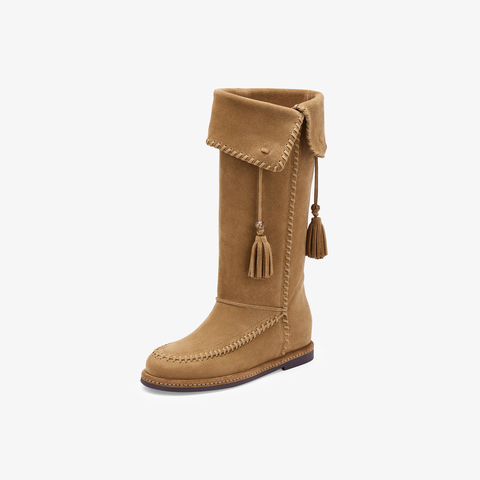 73hours女鞋自由波嬉2025冬季新品纯色长筒圆头西部靴