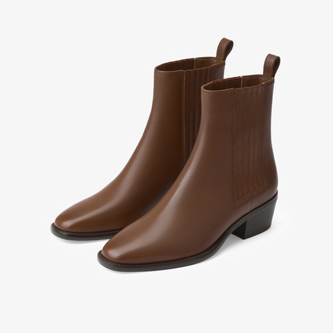 73hours女鞋复古手册2025冬季新品尖头方跟纯色时装靴