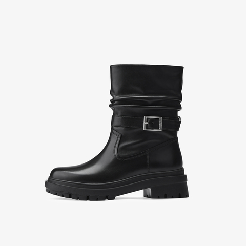 73hours女鞋朋克气息2025冬季新品圆头厚底纯色时装靴