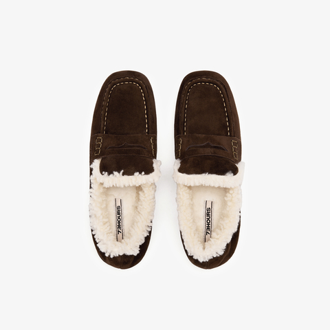 73hours女鞋Pancake毛2025秋季圆头纯色平底豆豆鞋