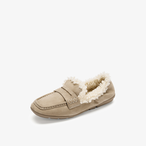 73hours女鞋Pancake毛2025秋季圆头纯色平底豆豆鞋