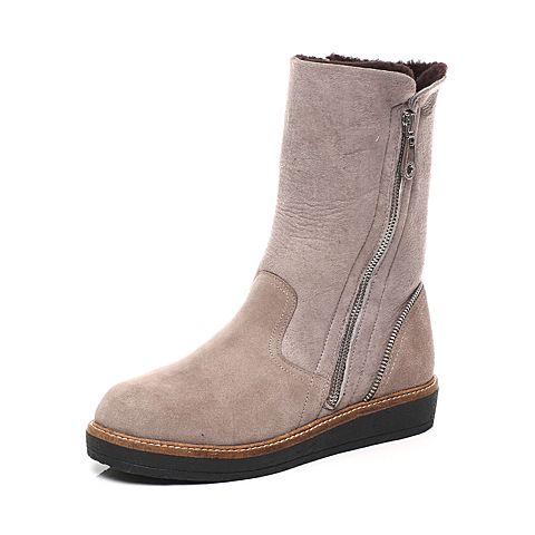 Hush Puppies/暇步士冬季专柜同款灰啡色牛皮/羊毛皮中筒靴女休闲靴HGH68DS6