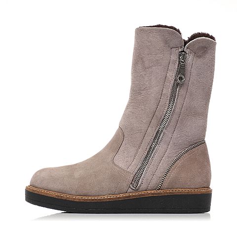 Hush Puppies/暇步士冬季专柜同款灰啡色牛皮/羊毛皮中筒靴女休闲靴HGH68DS6