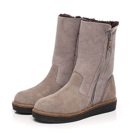 Hush Puppies/暇步士冬季专柜同款灰啡色牛皮/羊毛皮中筒靴女休闲靴HGH68DS6